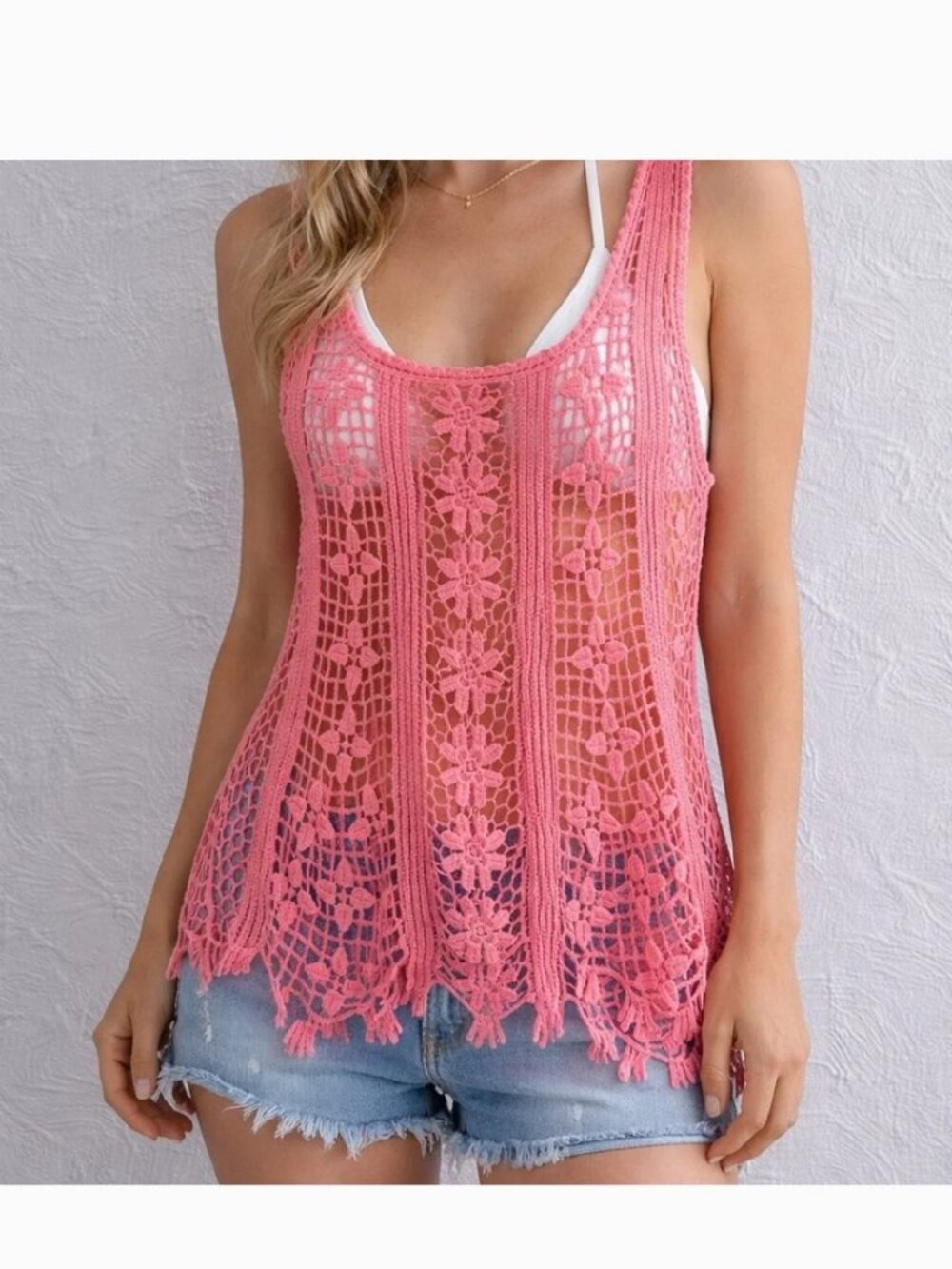 Cecico Coral Pink Orange Floral Open Knit Crochet Tank Top Shirt Cami